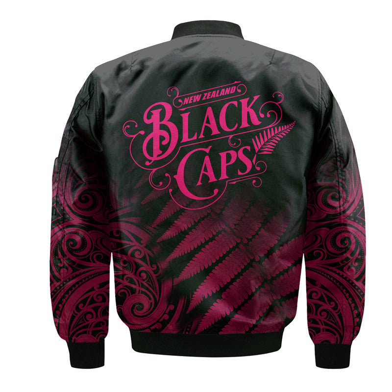 New Zealand Kiwis Cricket Team Bomber Jacket Black Caps Silver Fern Mixed Maori Pattern Version Pink - Vibe Hoodie Shop