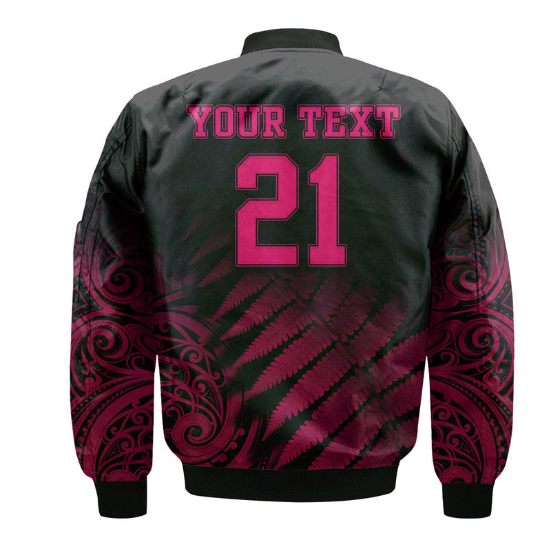 (Custom Personalised) New Zealand Kiwis Cricket Team Bomber Jacket Black Caps Silver Fern Mixed Maori Pattern Version Pink - Vibe Hoodie Shop