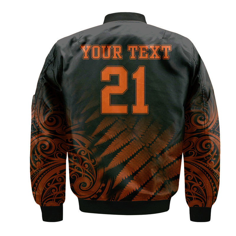 (Custom Personalised) New Zealand Kiwis Cricket Team Bomber Jacket Black Caps Silver Fern Mixed Maori Pattern Version Orange - Vibe Hoodie Shop