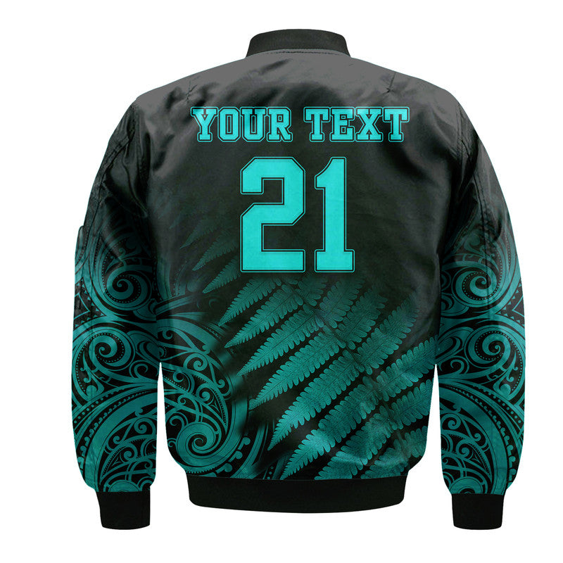 (Custom Personalised) New Zealand Kiwis Cricket Team Bomber Jacket Black Caps Silver Fern Mixed Maori Pattern Version Turquoise - Vibe Hoodie Shop