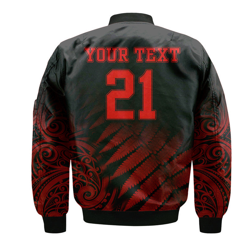 (Custom Personalised) New Zealand Kiwis Cricket Team Bomber Jacket Black Caps Silver Fern Mixed Maori Pattern Version Red - Vibe Hoodie Shop