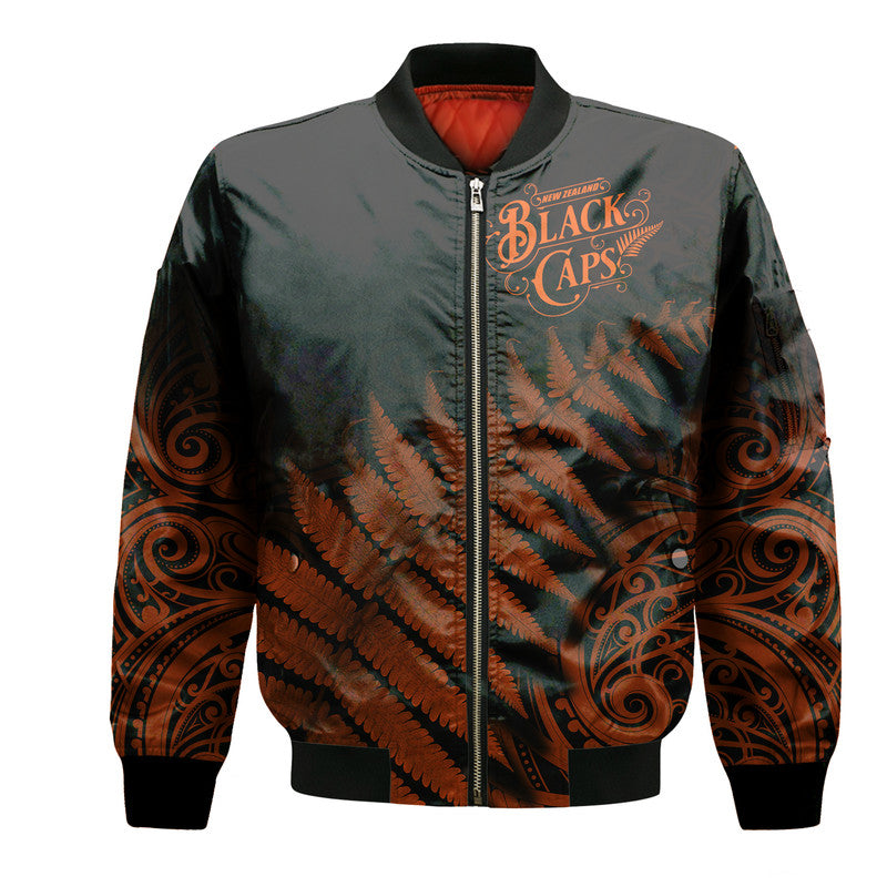 (Custom Personalised) New Zealand Kiwis Cricket Team Bomber Jacket Black Caps Silver Fern Mixed Maori Pattern Version Orange - Vibe Hoodie Shop