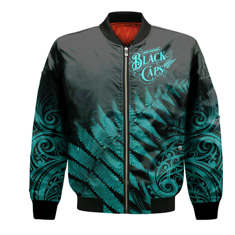 New Zealand Kiwis Cricket Team Bomber Jacket Black Caps Silver Fern Mixed Maori Pattern Version Turquoise - Vibe Hoodie Shop