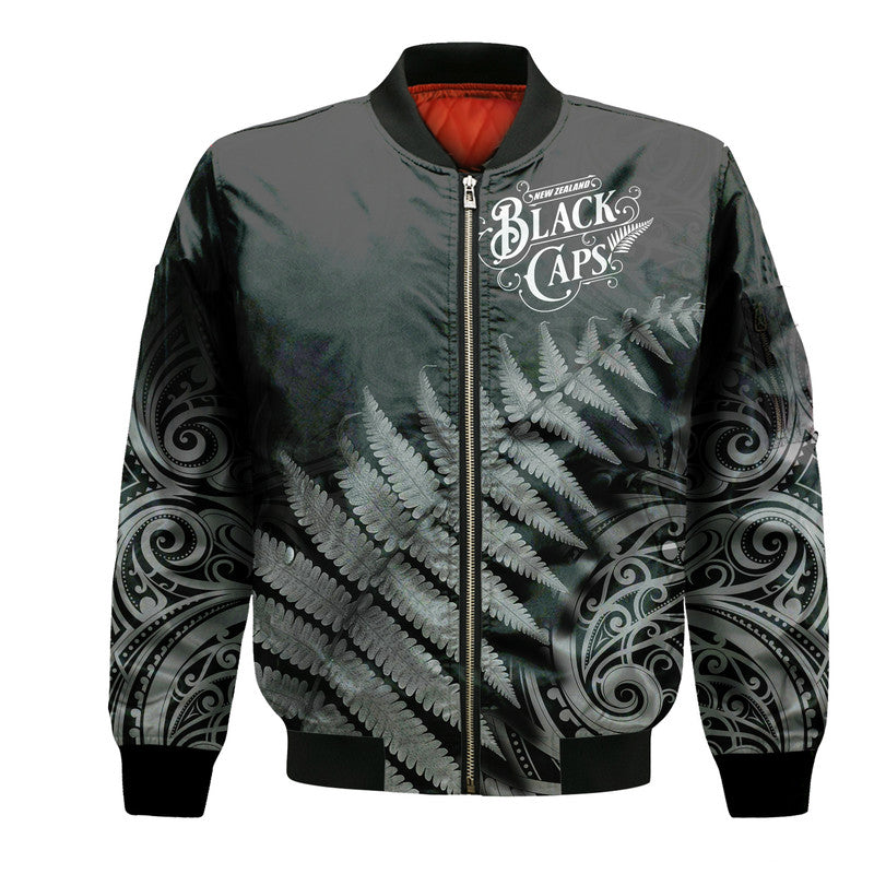 New Zealand Kiwis Cricket Team Bomber Jacket Black Caps Silver Fern Mixed Maori Pattern Version Black - Vibe Hoodie Shop