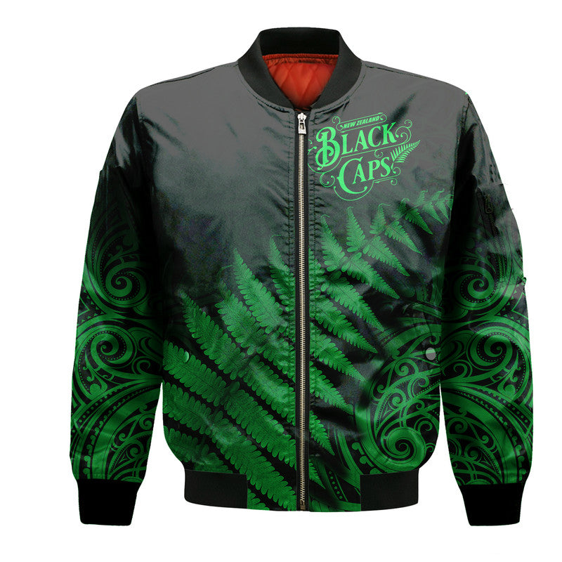 New Zealand Kiwis Cricket Team Bomber Jacket Black Caps Silver Fern Mixed Maori Pattern Version Green - Vibe Hoodie Shop