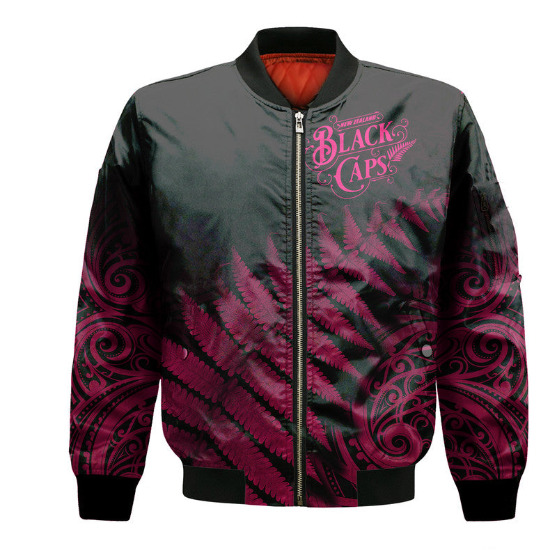 New Zealand Kiwis Cricket Team Bomber Jacket Black Caps Silver Fern Mixed Maori Pattern Version Pink - Vibe Hoodie Shop