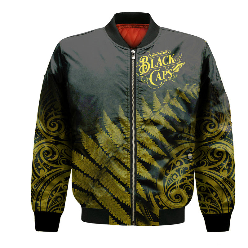 New Zealand Kiwis Cricket Team Bomber Jacket Black Caps Silver Fern Mixed Maori Pattern Version Gold - Vibe Hoodie Shop