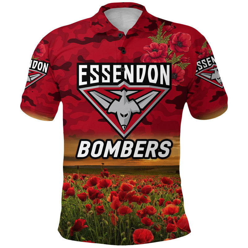 (Custom Personalised) Essendon Bombers ANZAC Polo Shirt Poppy Vibes - Red - Vibe Hoodie Shop