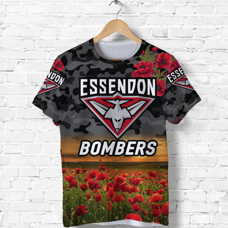 (Custom Personalised) Essendon Bombers ANZAC T shirt Poppy Vibes - Black - Vibe Hoodie Shop