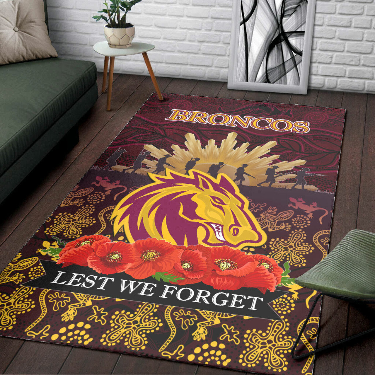 Broncos Rugby Area Rug - ANZAC Broncos Animals In Aboriginal Art Area Rug LT10 - Vibe Hoodie Shop