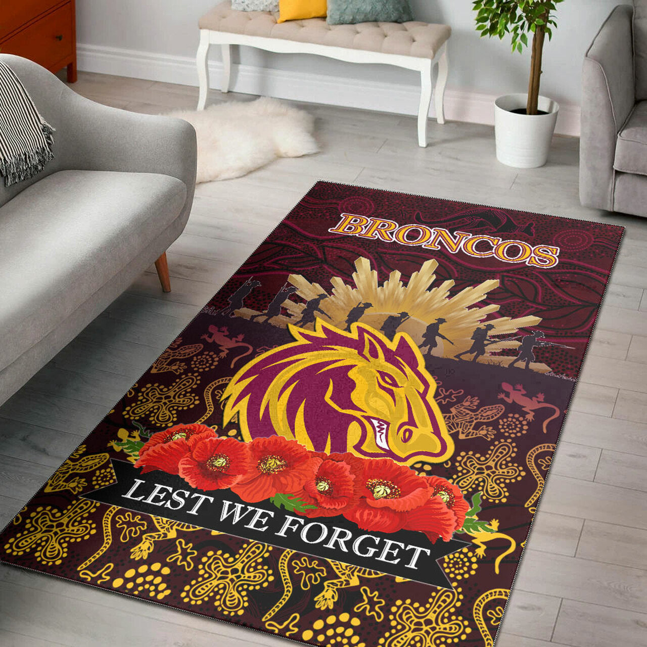 Broncos Rugby Area Rug - ANZAC Broncos Animals In Aboriginal Art Area Rug LT10 - Vibe Hoodie Shop