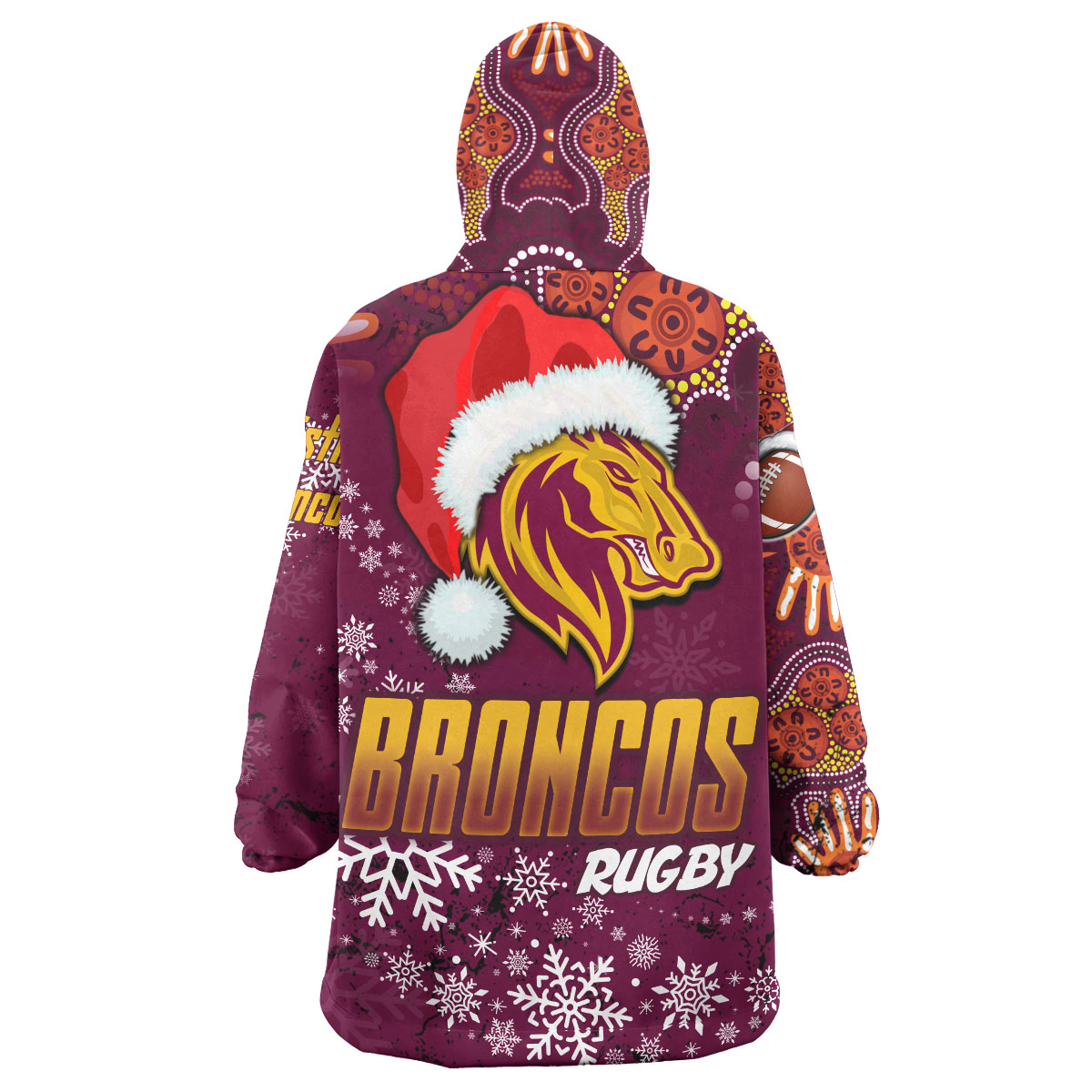 Broncos Rugby Snug Hoodie - Custom Christmas Santa Hat Horse Rugby Ball Wearable Blanket Hoodie - Vibe Hoodie Shop