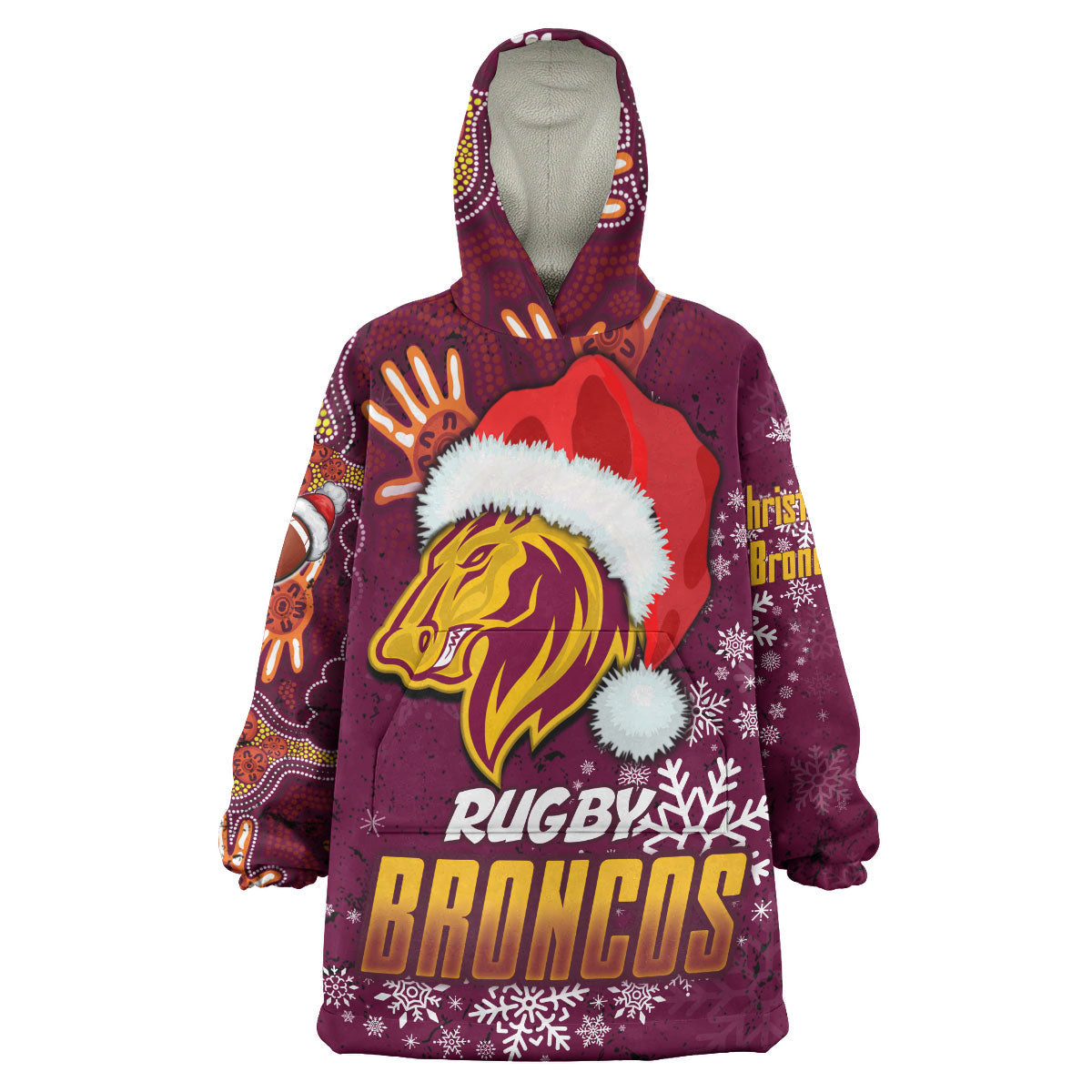 Broncos Rugby Snug Hoodie - Custom Christmas Santa Hat Horse Rugby Ball Wearable Blanket Hoodie - Vibe Hoodie Shop