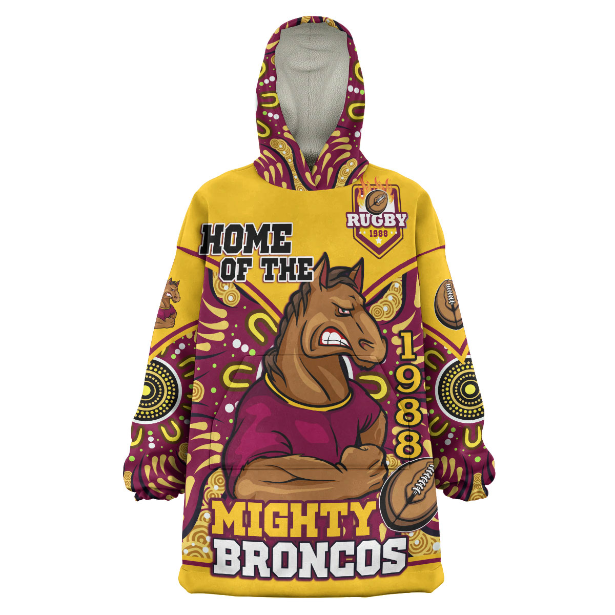 Broncos Rugby Snug Hoodie - Custom HOME OF THE MIGHTY BRONCOS Aboriginal Patterns Wearable Blanket Hoodie - Vibe Hoodie Shop