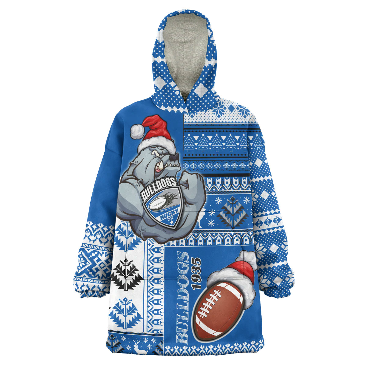 Bulldogs Rugby Snug Hoodie - Custom Christmas Snowflakes Bulldogs Mascot Wearable Blanket Hoodie - Vibe Hoodie Shop