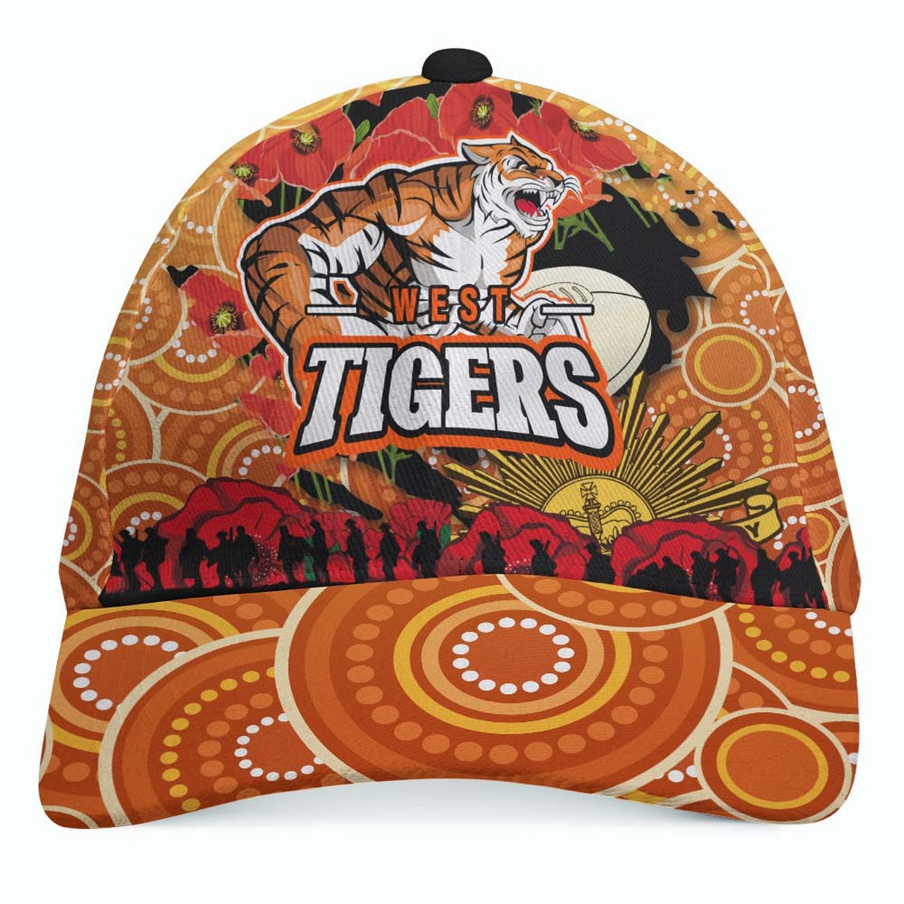 Tigers Rugby ANZAC Aboriginal Cap - Tigers Rugby with Remembrance Day Poppy Flower Cap LT10 - Vibe Hoodie Shop