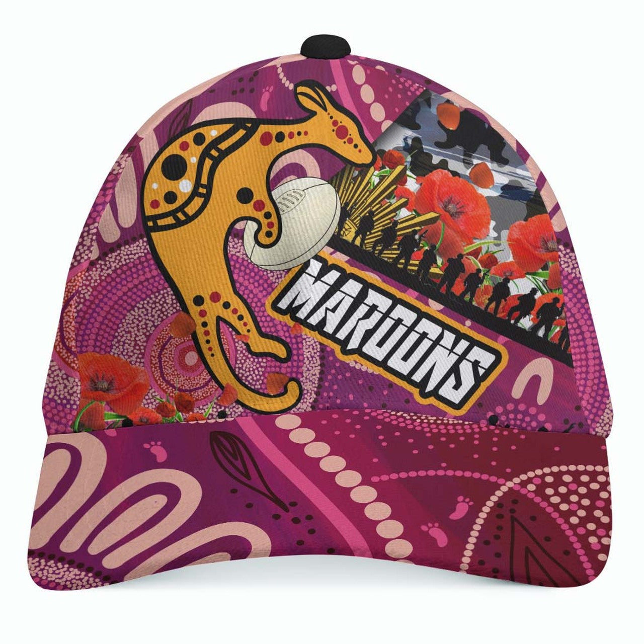 Maroons Rugby ANZAC Aboriginal Cap - Maroons Aboriginal Pattern with ANZAC Day Poppy Flower Cap LT10 - Vibe Hoodie Shop