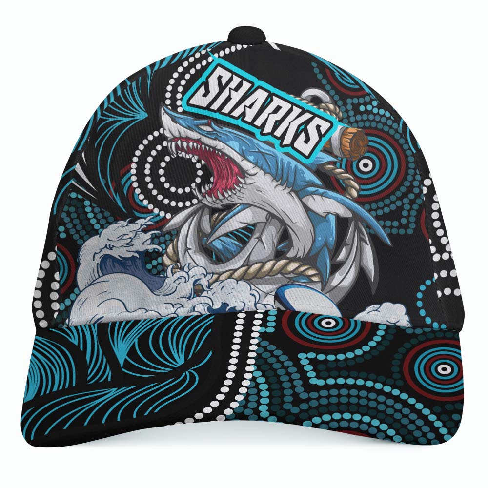 Sharks Rugby Cap - Impetuous Sharks with Rugby Ball and Aboriginal Dot Painting Art - Vibe Hoodie Shop