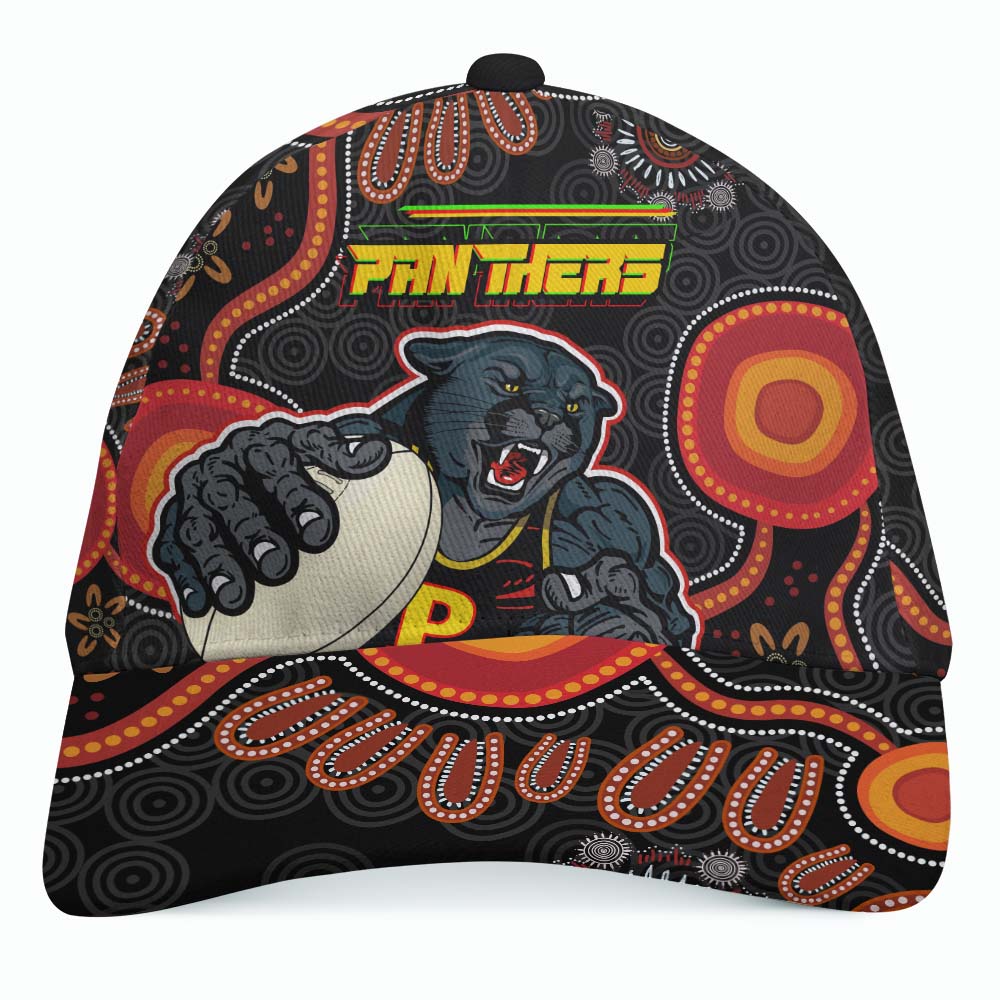 Panther Rugby Cap - Panthers Aboriginal with Rugby Ball Indigenous Style of Dot Painting Traditional - Vibe Hoodie Shop