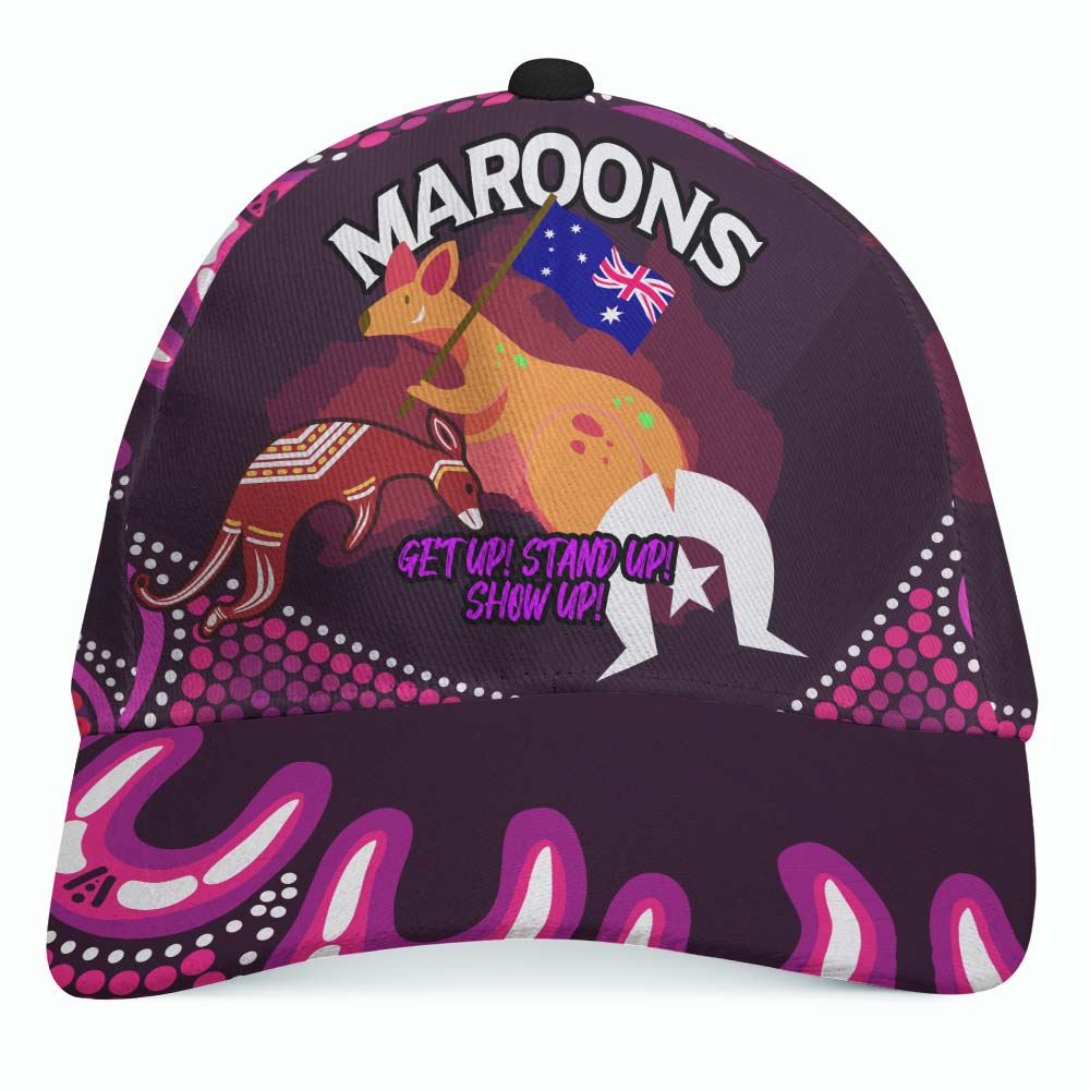 Maroon Rugby Cap - Naidoc Week ''Get up, Stand Up, Show Up'' Maroons Kangaroo With Aboriginal Patterns - Vibe Hoodie Shop