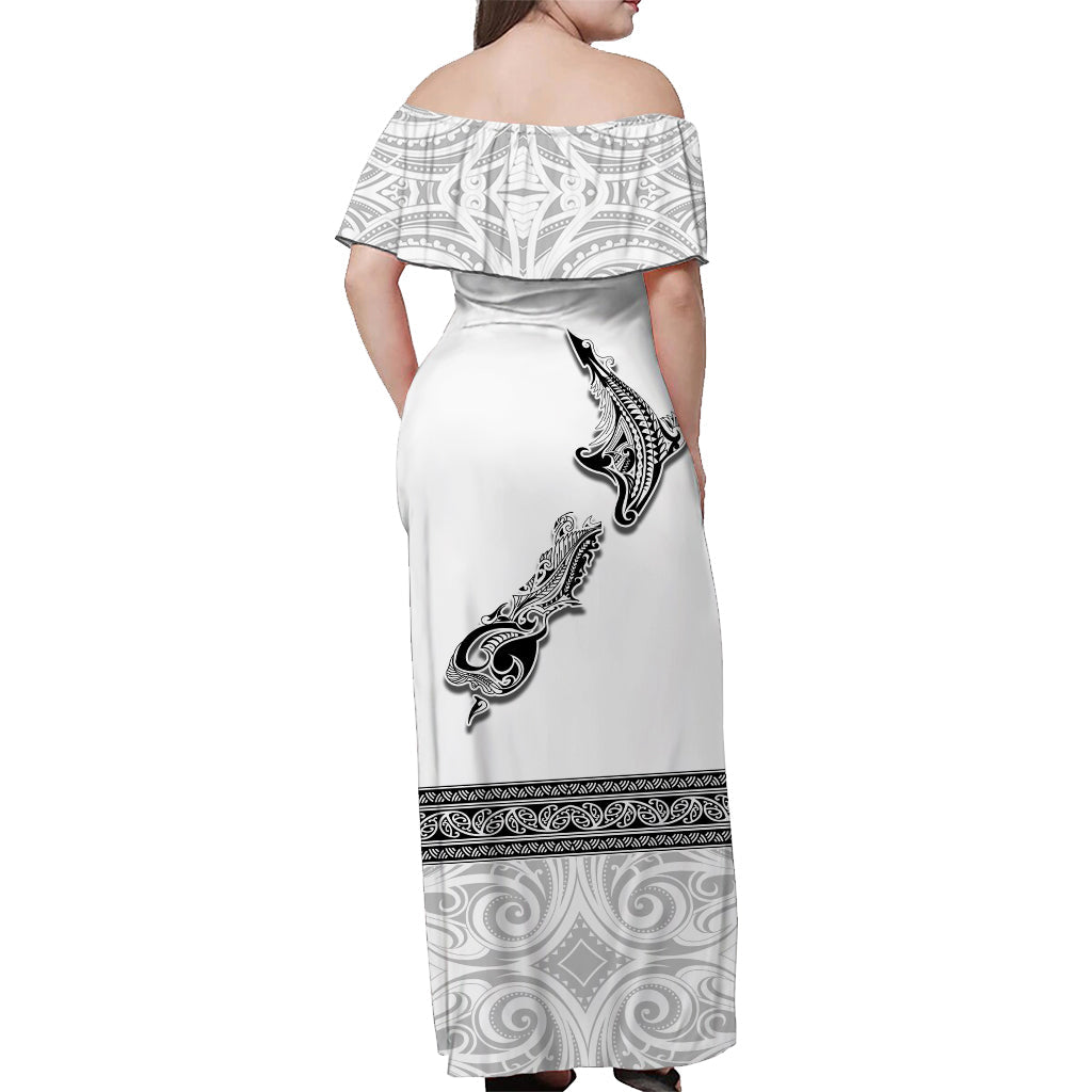 (Custom Personalised) New Zealand Off Shoulder Long Dress Maori Fern and Map White - Vibe Hoodie Shop