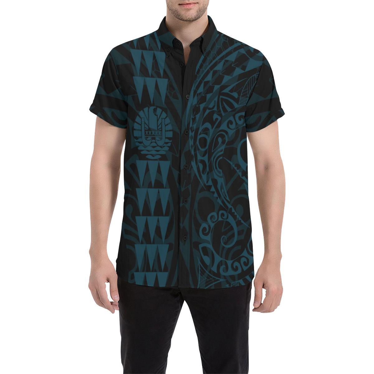 Tahiti Polynesian Short Sleeve Shirt Blue - Vibe Hoodie Shop