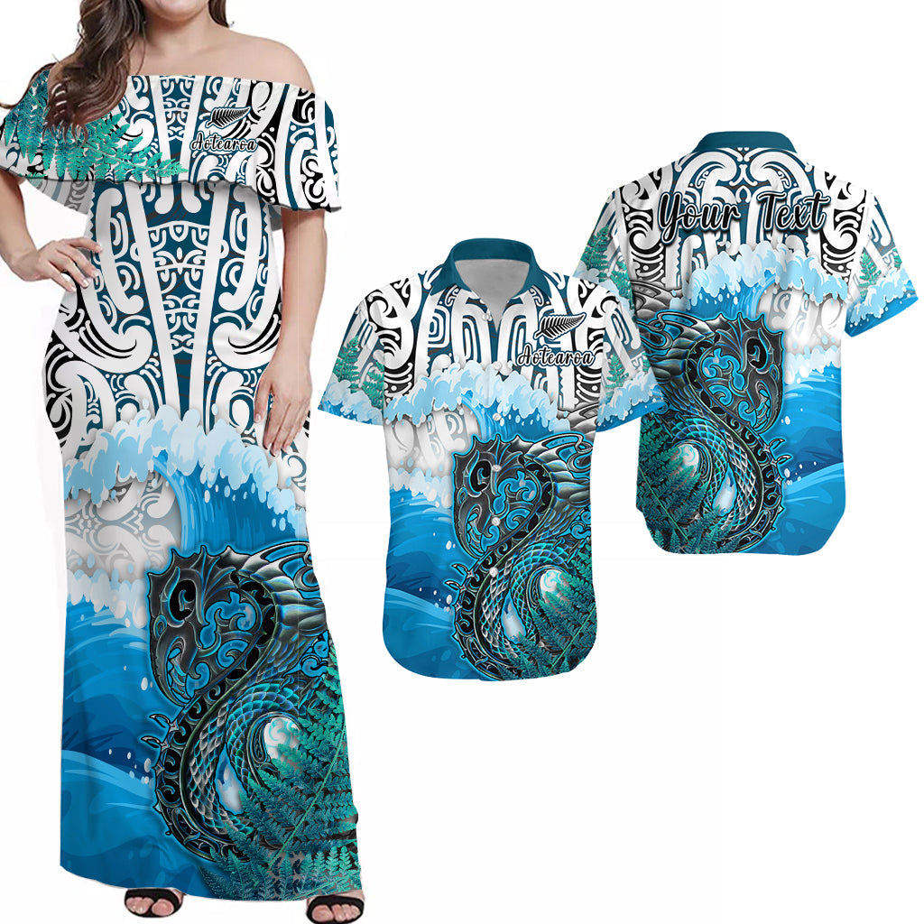 custom-personalised-manaia-maori-combo-dress-and-hawaiian-shirt-fern-aotearoa-blue-waves