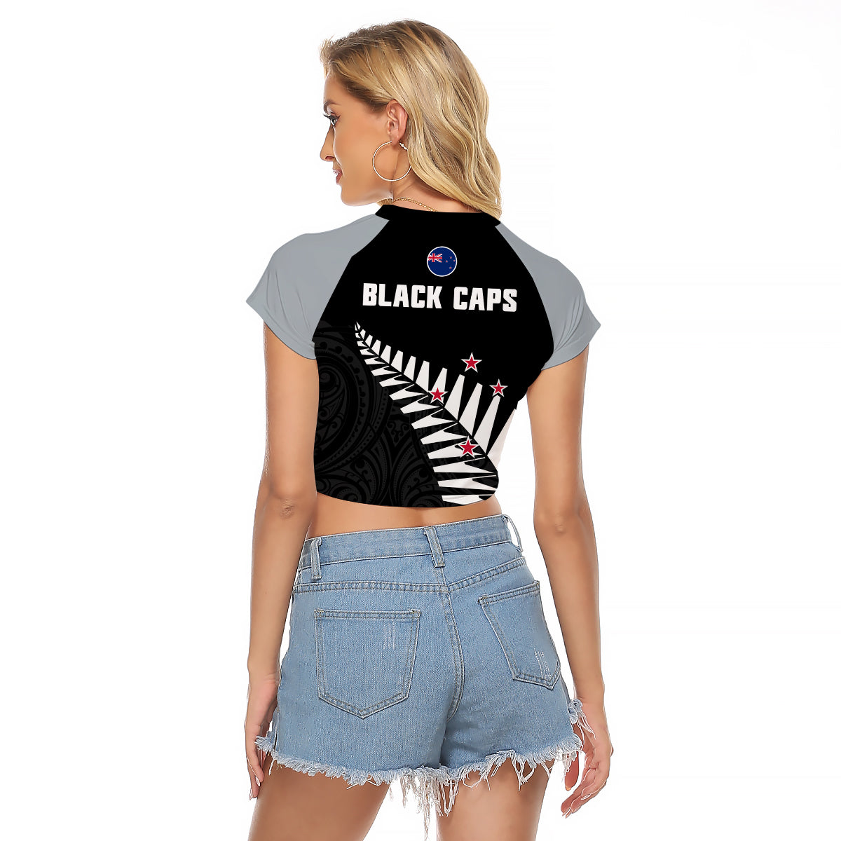New Zealand 2022 Cricket Raglan Cropped T Shirt Black Cap Silver Fern Maori - Vibe Hoodie Shop