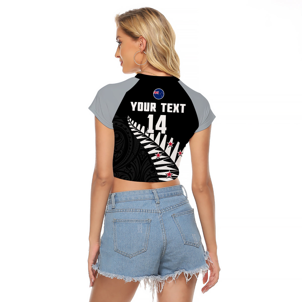 (Custom Text And Number) New Zealand 2022 Cricket Raglan Cropped T Shirt Black Cap Silver Fern Maori - Vibe Hoodie Shop