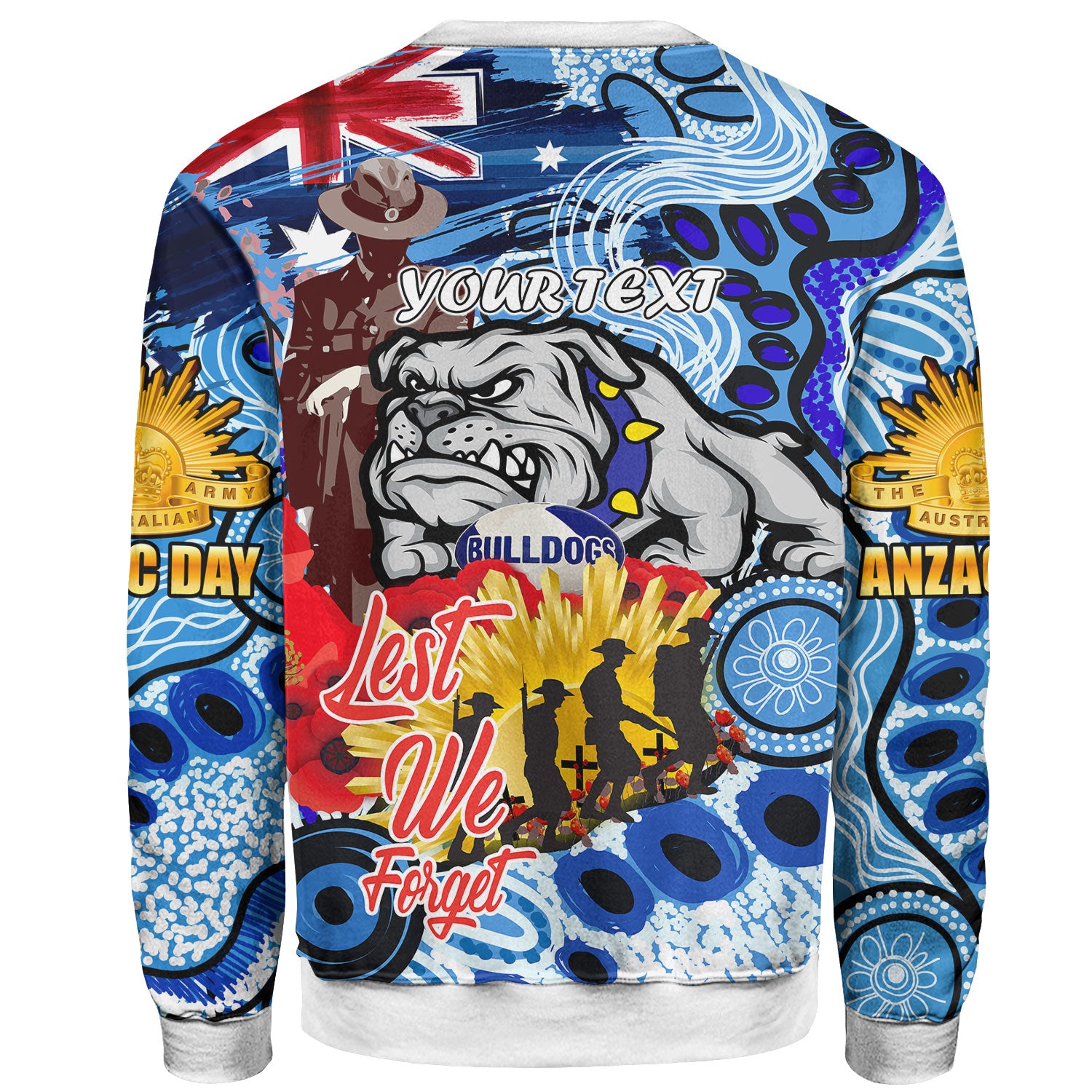 Bulldogs Rugby Australia And NZ Anzac Sweatshirt - Lest We Forget Bulldogs With Rugby Ball And Aboriginal Patterns Sweatshirt - Vibe Hoodie Shop