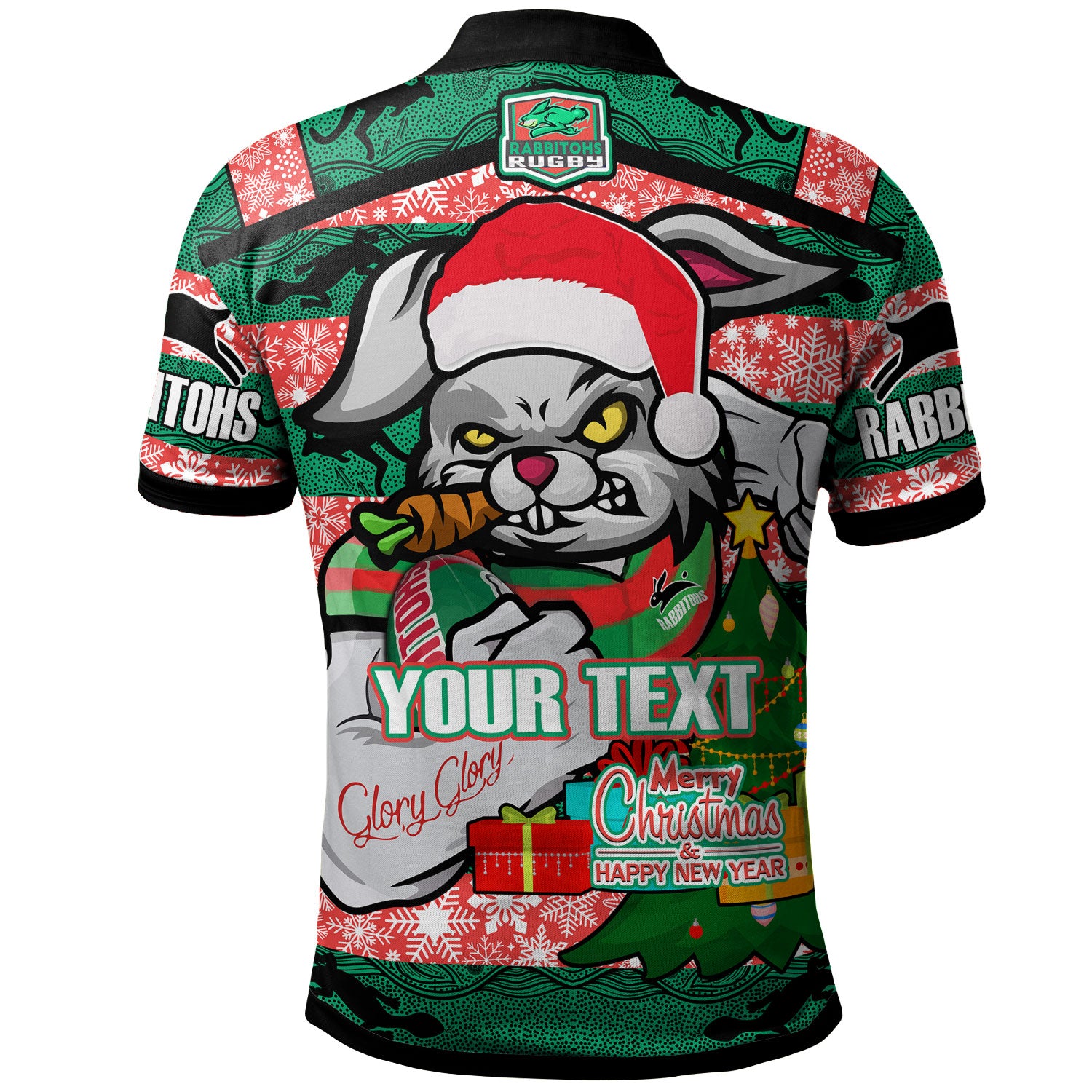 Rabbitohs Christmas Rugby Polo Shirt - Merry Christmas Super Rabbitohs With Rugby Ball And Aboriginal Patterns Custom Polo Shirt - Vibe Hoodie Shop