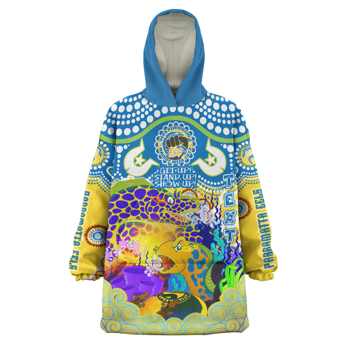 Eels Rugby NAIDOC Snug Hoodie - Custom Indigenous Parramatta Eels Getting Up, Standing Up, and Showing Up Wearable Blanket Hoodie - Vibe Hoodie Shop