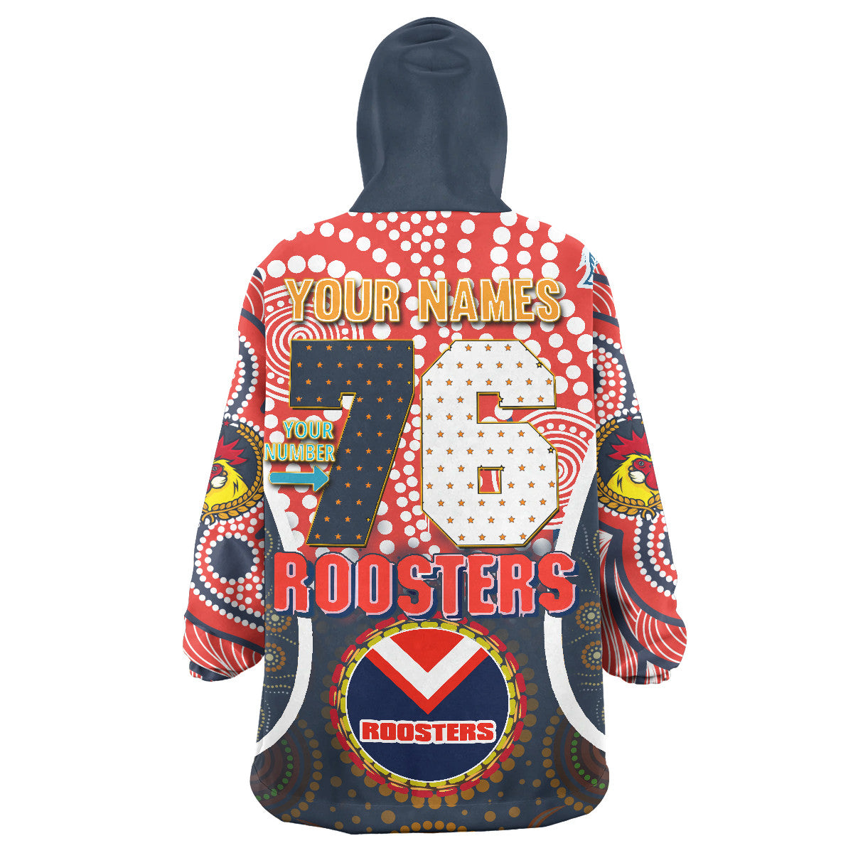 Roosters Rugby Snug Hoodie - Custom Mighty Roosters With Aboriginal Art Personalised Player And Number Wearable Blanket Hoodie - Vibe Hoodie Shop