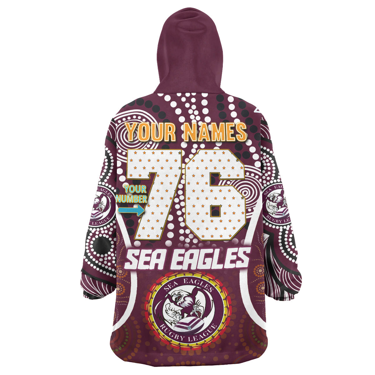 Sea Eagles Rugby Snug Hoodie - Custom Manly Sea Eagles Mascot With Aboriginal Art Personalised Player And Number Wearable Blanket Hoodie RLT14 - Vibe Hoodie Shop