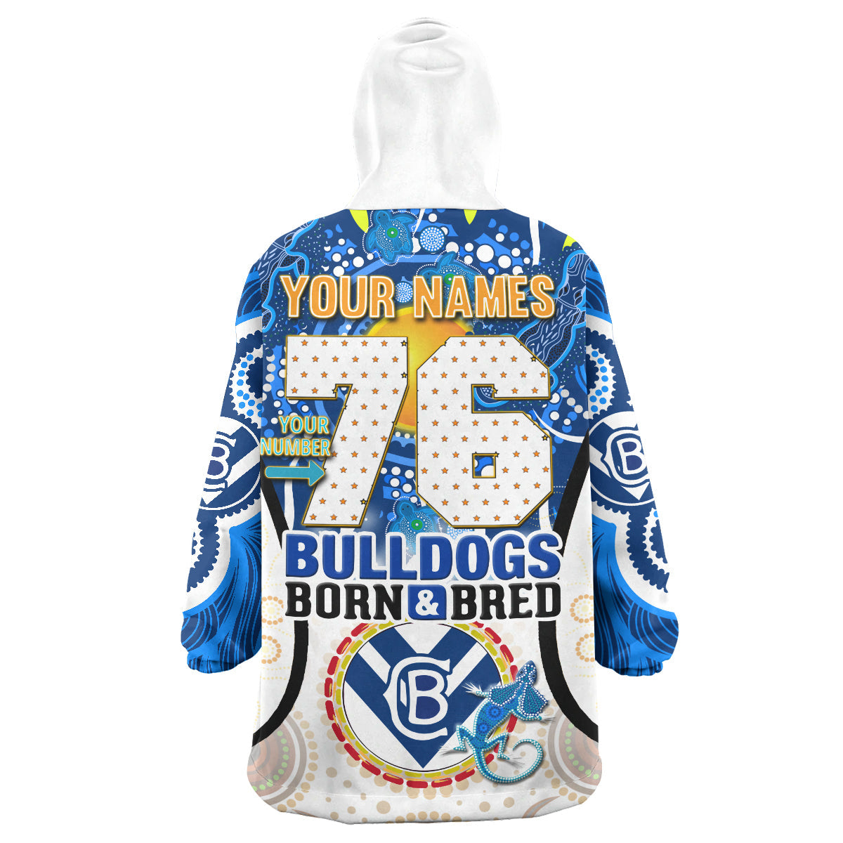 Bulldogs Rugby Snug Hoodie - Custom Bulldogs Mascot With Aboriginal Art Personalised Player And Number Wearable Blanket Hoodie RLT14 - Vibe Hoodie Shop