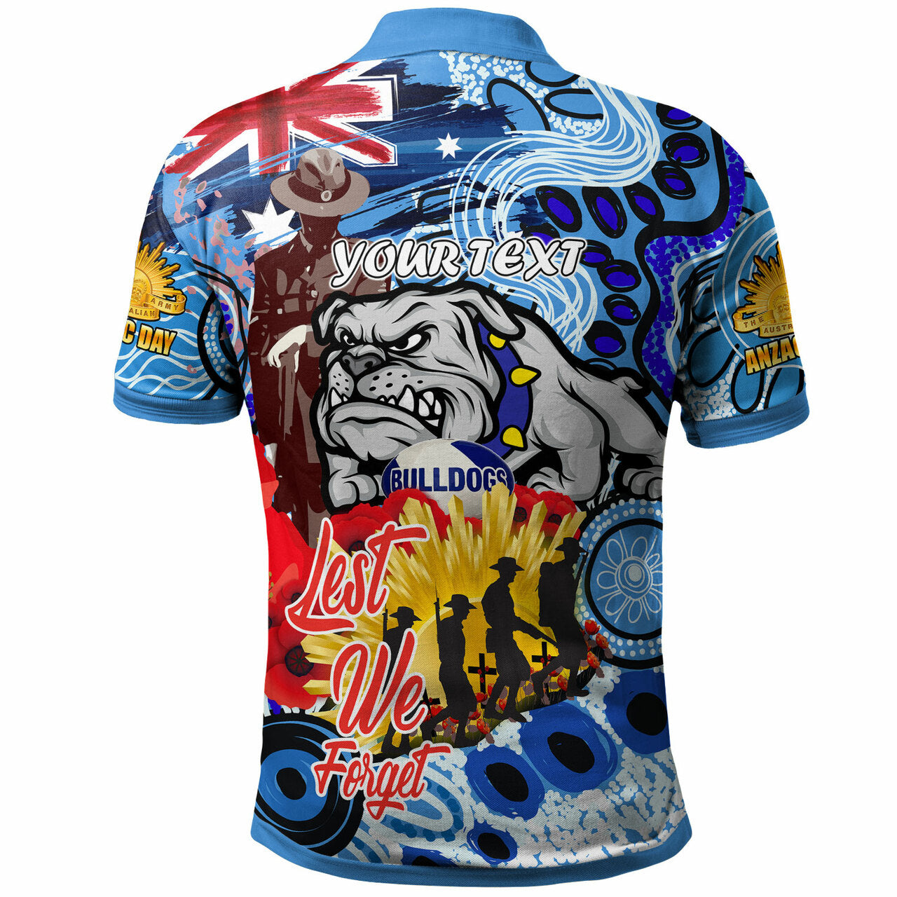 Bulldogs Rugby Australia And NZ ANZAC Day Polo Shirt - Lest We Forget Bulldogs With Rugby Ball And Aboriginal Patterns - Vibe Hoodie Shop