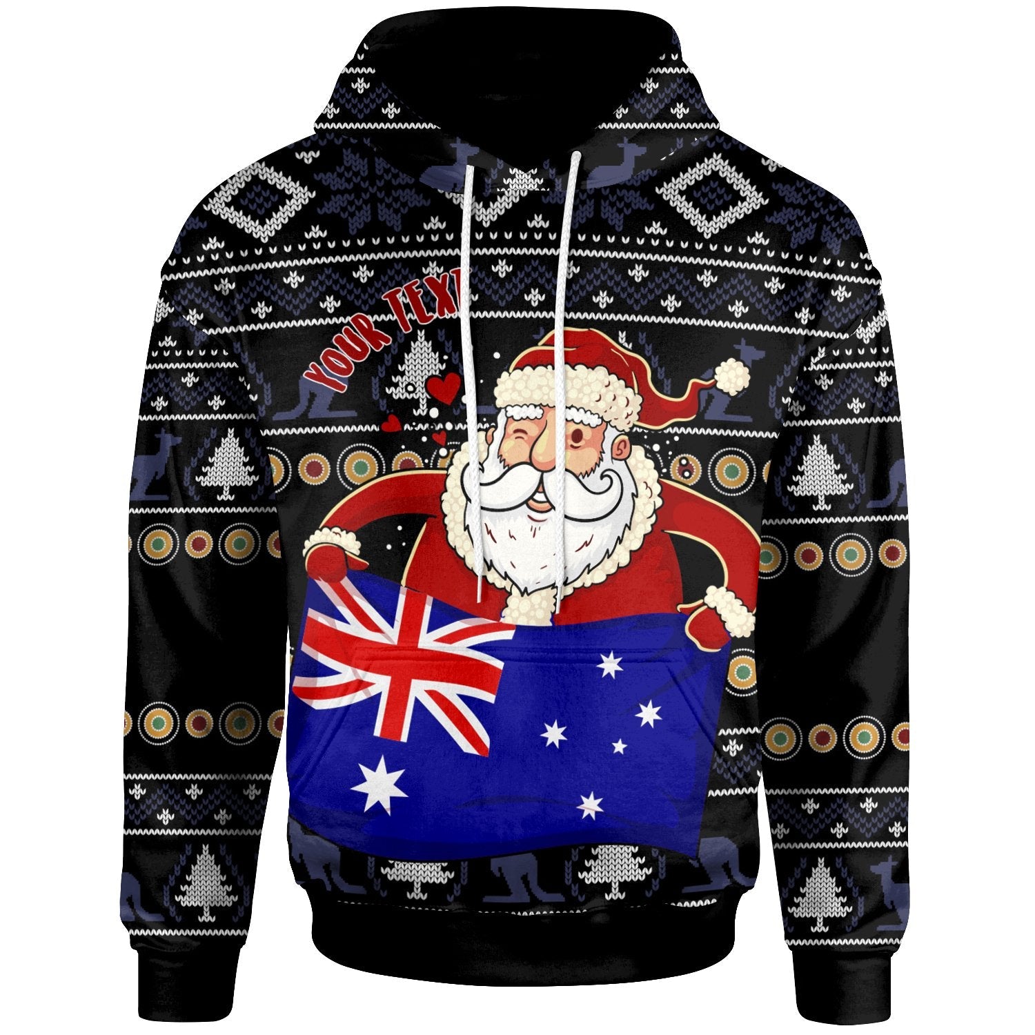 Christmas Personalised Hoodie - Australia Santa Claus Hold The Flag (Black) - Vibe Hoodie Shop