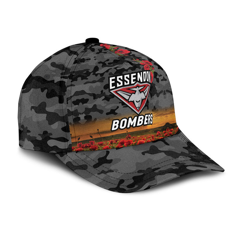 (Custom Personalised) Essendon Bombers ANZAC AFL Classic Cap Poppy Vibes - Black - Vibe Hoodie Shop