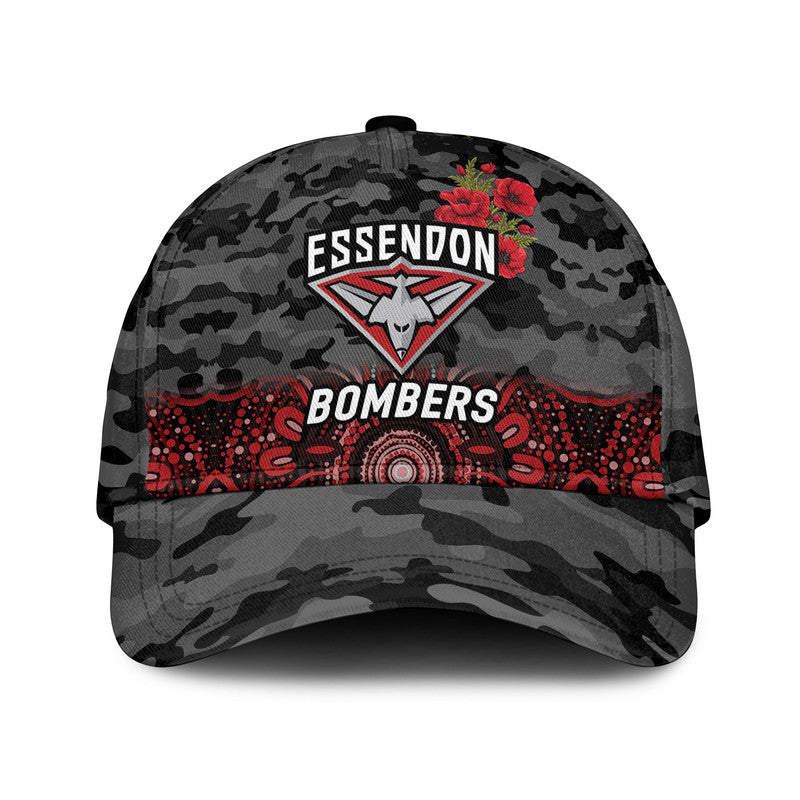 (Custom Personalised) Essendon Bombers ANZAC AFL Classic Cap Indigenous Vibes - Black - Vibe Hoodie Shop