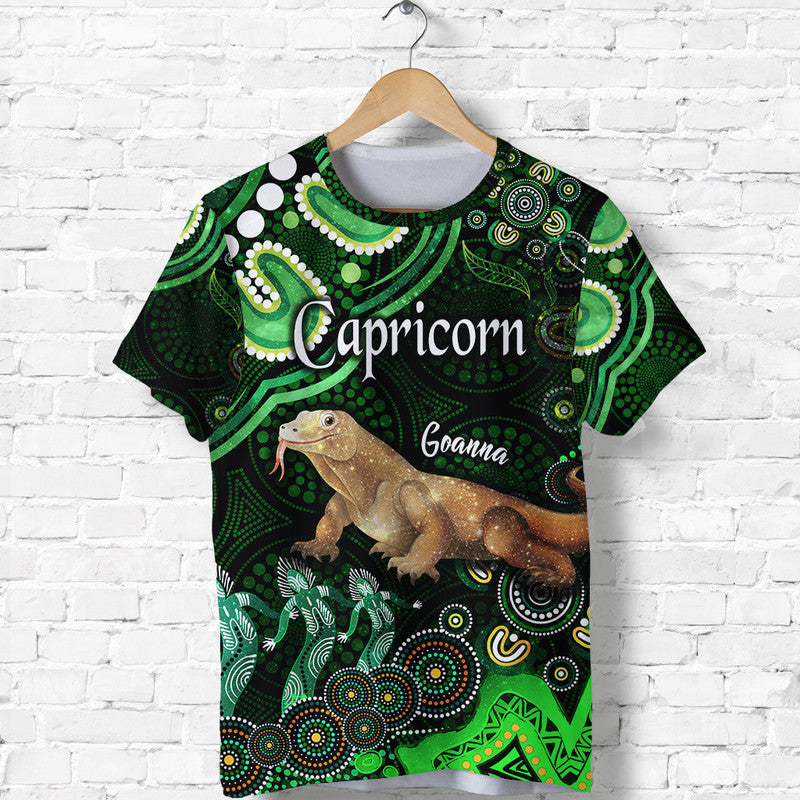 Australian Astrology T Shirt Capricorn Goanna Zodiac Aboriginal Vibes - Green - Vibe Hoodie Shop