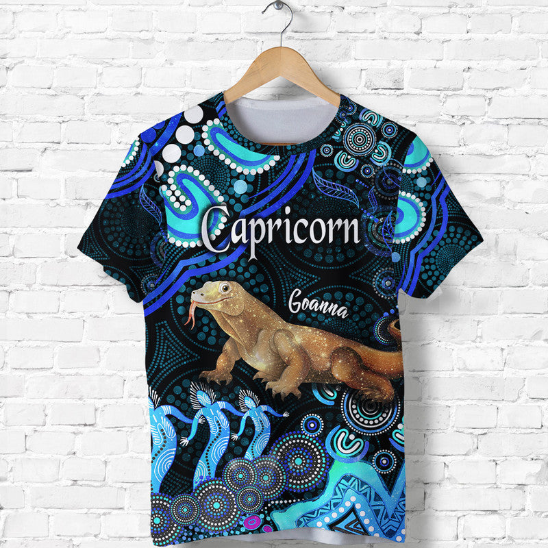 (Custom Personalised) Australian Astrology T Shirt Capricorn Goanna Zodiac Aboriginal Vibes - Blue - Vibe Hoodie Shop