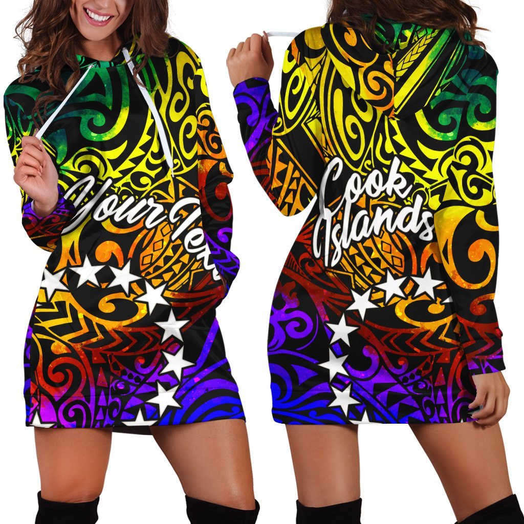 Cook Islands Custom Personalised Hoodie Dress - Rainbow Polynesian Pattern - Vibe Hoodie Shop