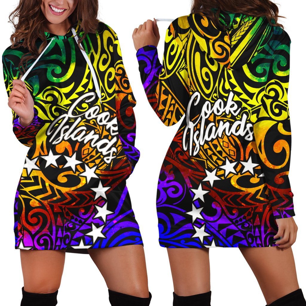 Cook Islands Women Hoodie Dress - Rainbow Polynesian Pattern - Vibe Hoodie Shop