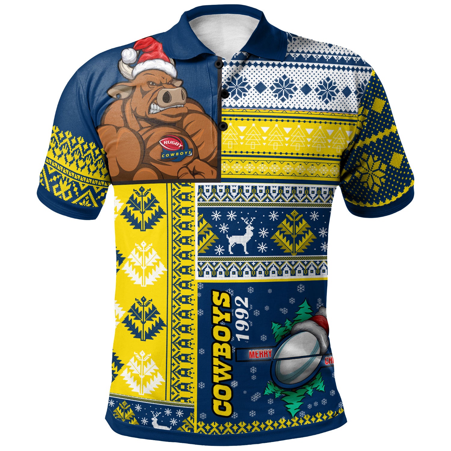 Cowboys Rugby Polo Shirt - Custom Christmas Snowflakes Cowboys Mascot Polo Shirt - Vibe Hoodie Shop