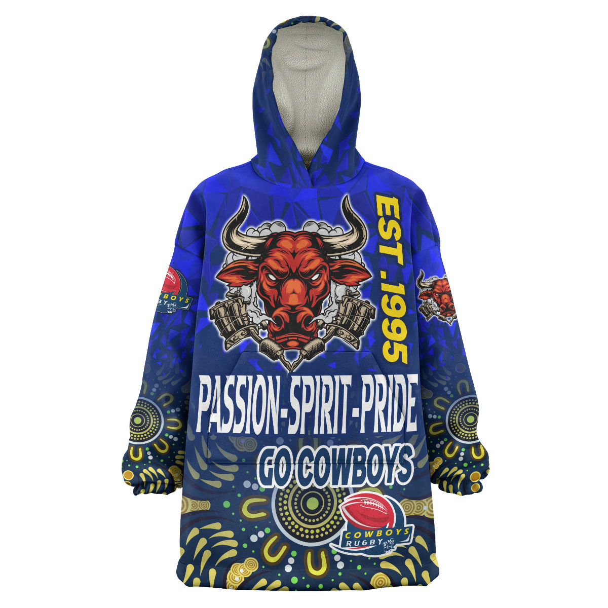 Cowboys Rugby Snug Hoodie - Custom Rugby Ball GO COWBOYS Aboriginal Patterns Wearable Blanket Hoodie - Vibe Hoodie Shop