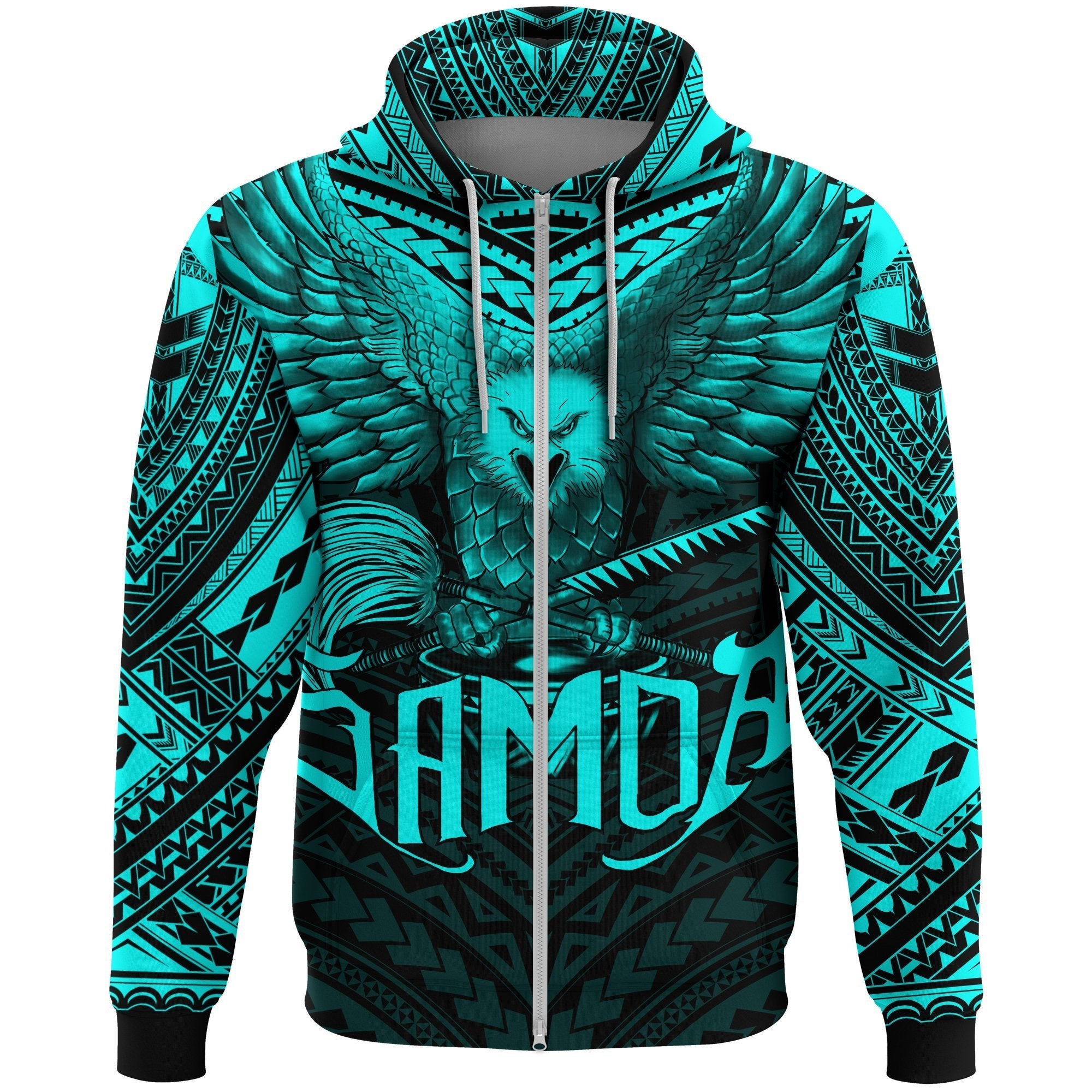 American Samoa Zip Hoodie Eagle Tattoo Style Cyan - Vibe Hoodie Shop