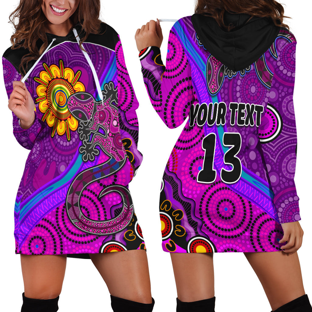 (Custom Text and Number) Australia Lizard and Sun Hoodie Dress Aboriginal Art Purple - Vibe Hoodie Shop