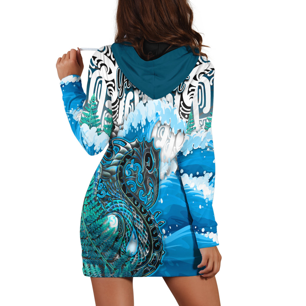 (Custom Personalised) Manaia Maori Hoodie Dress Fern Aotearoa Blue Waves - Vibe Hoodie Shop