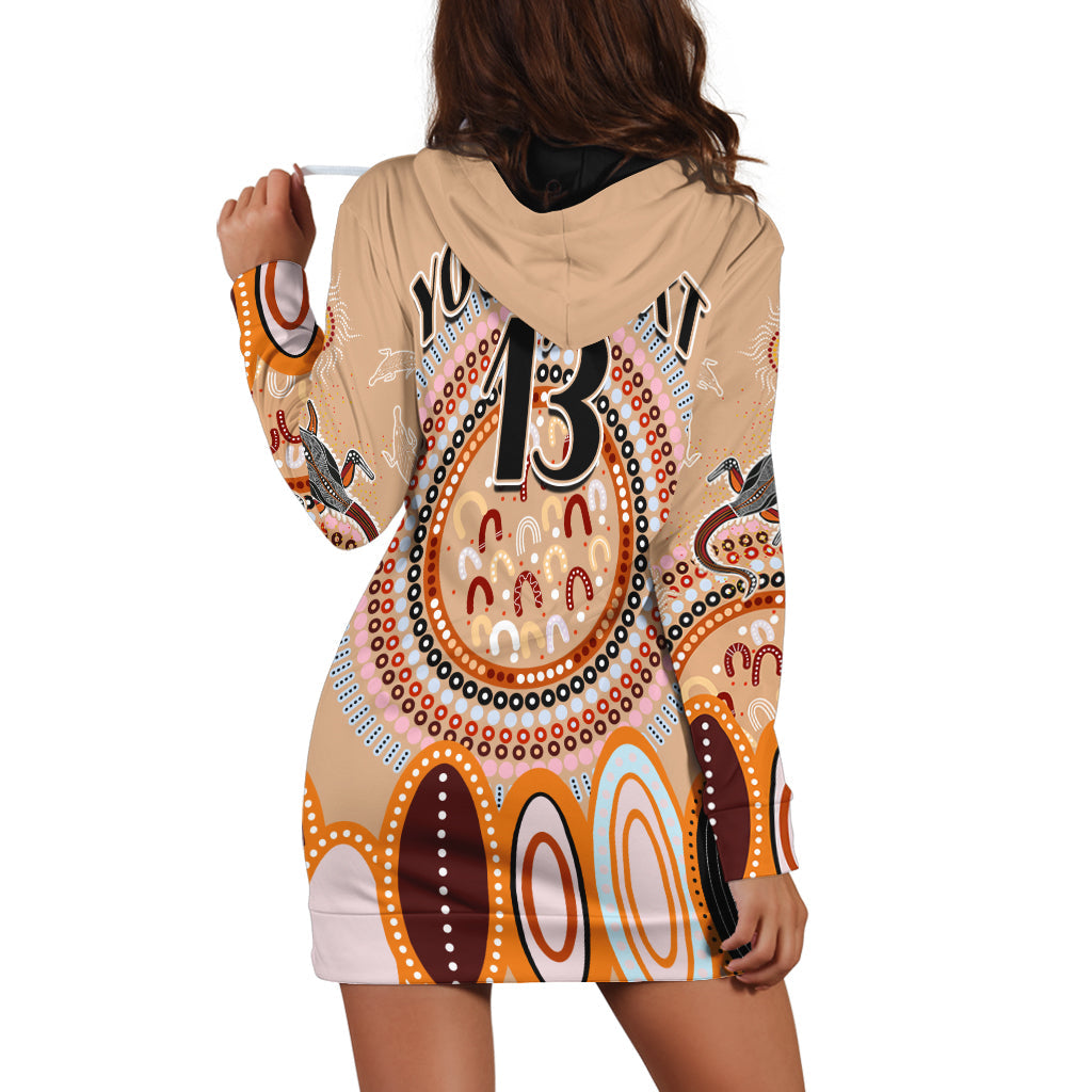 (Custom Text and Number) Aboriginal Stand Up Hoodie Dress Circle Dot with Lizard Version PeachPuff - Vibe Hoodie Shop