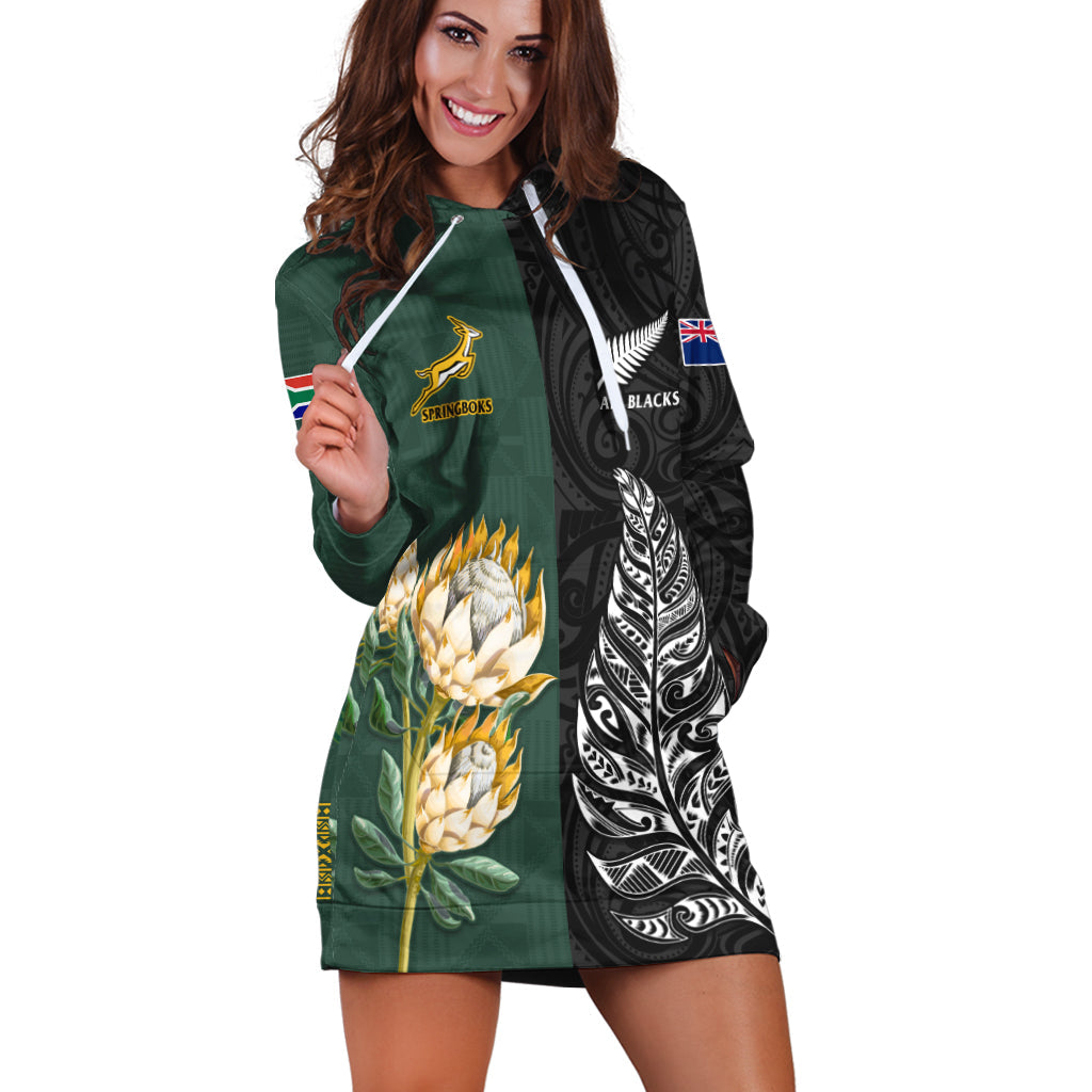 South Africa Protea and New Zealand Fern Hoodie Dress Rugby Go Springboks vs All Black - Vibe Hoodie Shop